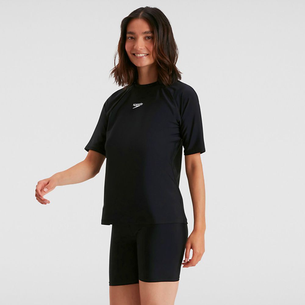 Speedo Women's Short Sleeve Swim Tee, Women's Sun Top - Black 