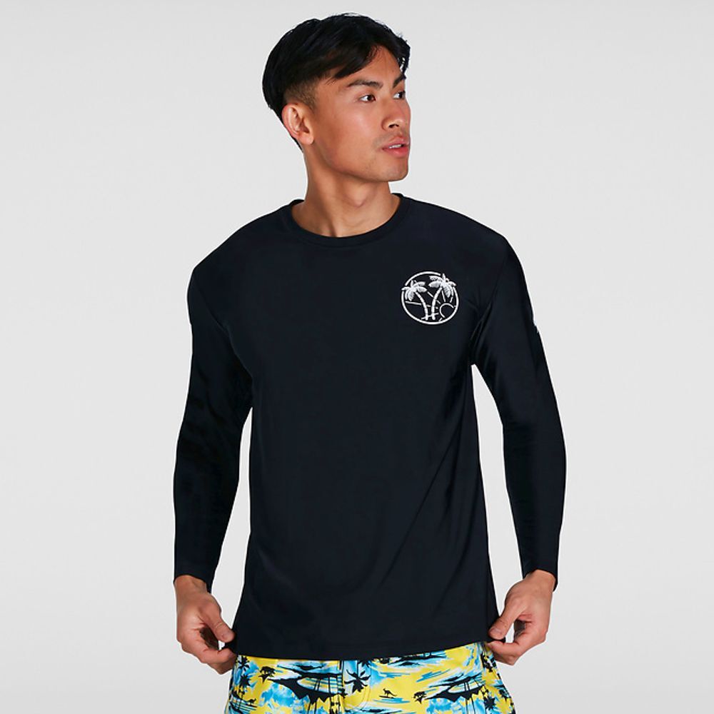 Speedo Men's Printed Long Sleeve Swim Tee, Men's Sun Top - Black & White 