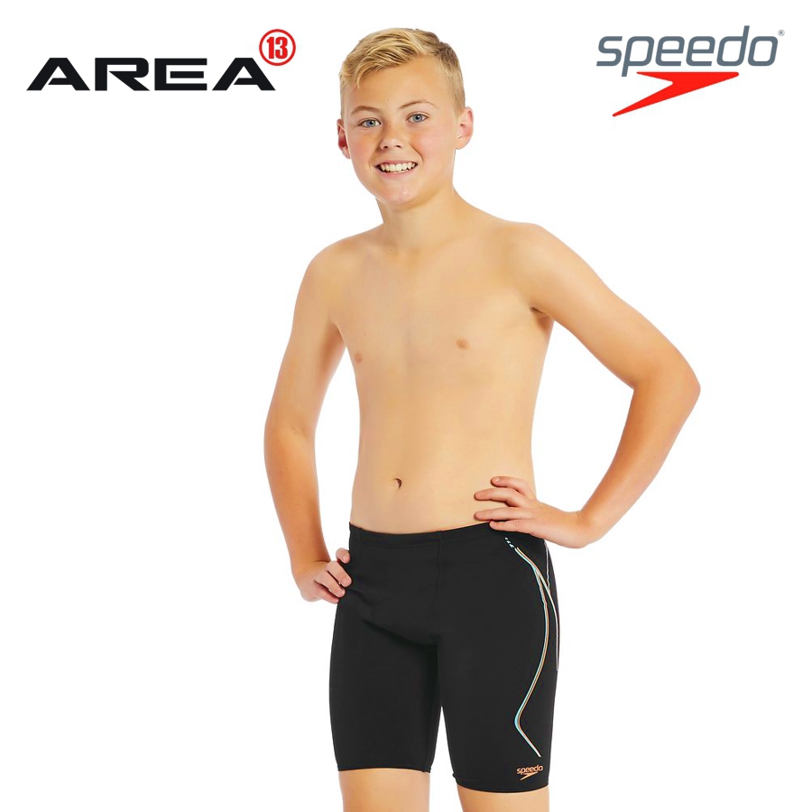 SPEEDO BOYS SWIMWEAR POWERFLUX BLACK/GLASS/FLURO ORANGE JAMMER, BOYS