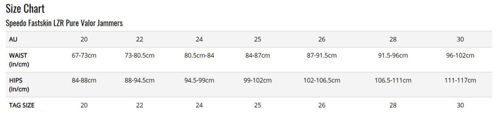speedo fastskin size chart