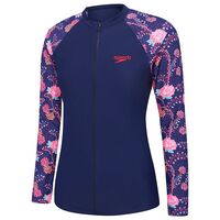 Speedo Women's Endurance 10 Zip Up Long Sleeve Sun Top - Rozion, Speedo Navy, Women's Rashie, Ladies Sun Protection