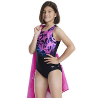 Speedo Girls Printed Hydrasuit Swimwear - Black /Colbalt Blue /Flare Pink - Girls Swimsuit