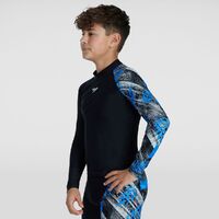 Speedo Boys Printed Long Sleeve Rashie - Sun Top - Black/Pool/ Chroma Blue/White