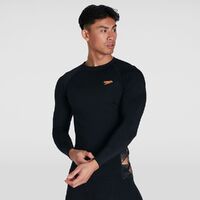 Speedo Men's Printed Long Sleeve Rash Top - Sun Top, Black/Papaya Punch/USA Charcoal