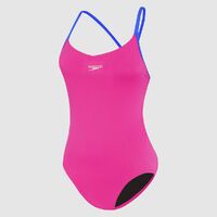 Speedo Women's Solid Thin Strap Vback One Piece Swimsuit, Electric Pink & Blue Flame