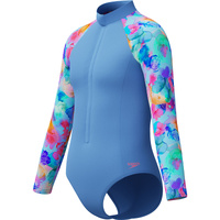 Speedo Girls Long Sleeve One Piece Swimwear - Periwinkle Blue, Girls Full Piece Swimsuit