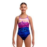 Funkita Girls Pink Peaks ECO Diamond Back One Piece Swimwear, Girls Full Piece Swimsuit