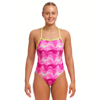 Funkita Pink Caps ECO Tie Me Tight One Piece Women's Swimwear, Chlorine Resistant Swimwear