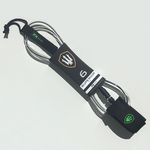 FAR KING 6ft SUPERIOR SURFBOARD LEG ROPE / SURFBOARD LEASH CLEAR & BLACK WITH GREEN LOGO'S