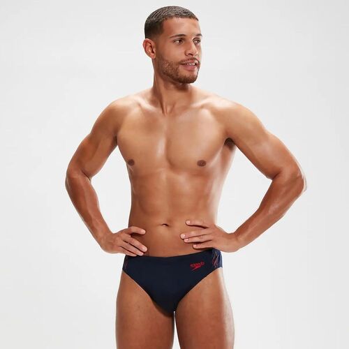 Speedo Men's Boom Logo Splice 7cm Brief Swimwear - True Navy/Fed Red [Size: 14]