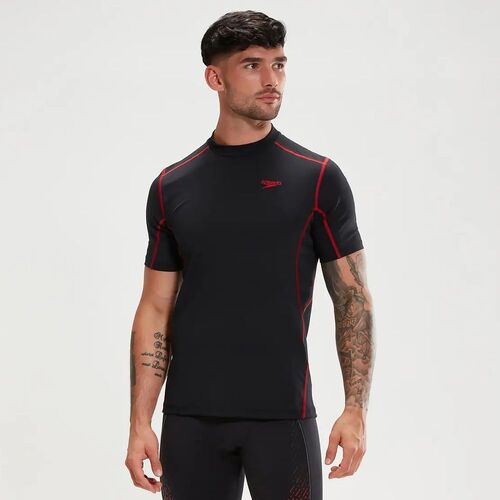 Speedo Men's Tech Short Sleeve Sun Top, Men's Rashie - Black/Fed Red [Size: X Small]