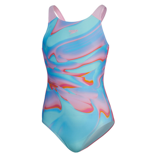 Speedo Girls Printed Pulseback One Piece Swimwear, Fandango Pink/Funny Pink, Girls Full Piece Swimsuit [Size: 14]