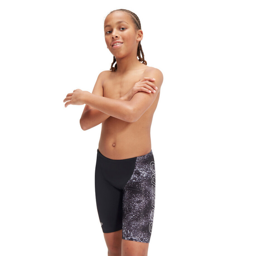 Speedo Boys Placement V-Cut Digital Jammer - Black/Usa Charcoal/Dove Grey, Boys Speedo Swimwear [Size: 10]