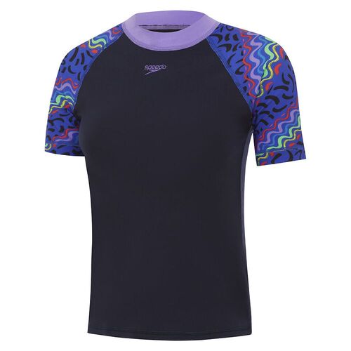 Speedo Girls Short Sleeve Suntop, True Navy/Miami Lilac/Beautiful Blue [Size: 6]