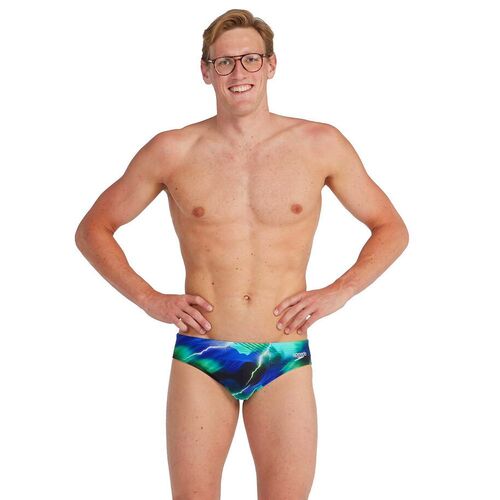 Speedo Men's Lightning 7cm Brief Swimwear - Black/Beautiful Blue/Aquarium/Fake Green [Size: 14]