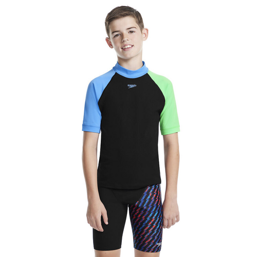 Speedo Boys Short Sleeve Rashie - Black/Picton Blue/Harlequin Green Sun Top [Size: 14]