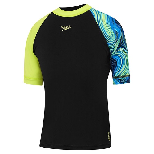 Speedo Boys Logo 3/4 Short Sleeve Rashie - Black/Multi Sun Top [Size: 6]