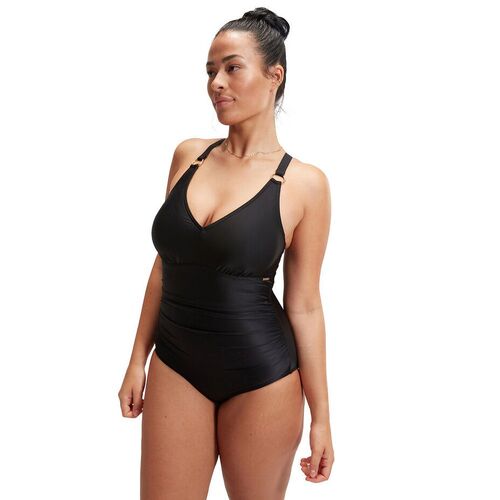 Speedo Women's Shaping Vneck One Piece Swimsuit, Black [Size: 12]