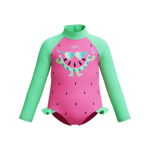 Speedo Toddler Girls Digital Long Sleeve Frill One Piece Swimwear - Neon Bubblegum [Size: 3]