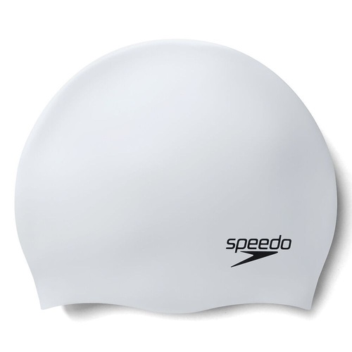 Speedo Long Hair Swim Cap White - Black Logo, Silicone Swimming Cap