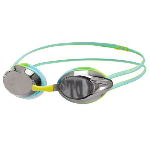 Speedo Opal Mirror Junior Competition Racing Swimming Goggles - Fluro Green/Lazer Lemon/Marine Blue 
