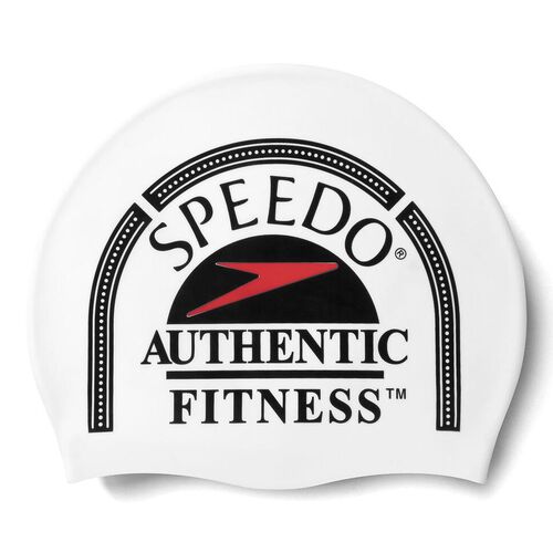 Speedo Slogan Printed Silicone Swim Cap - White/Black/Speedo Red , Silicon Swimming Cap, Swim Caps