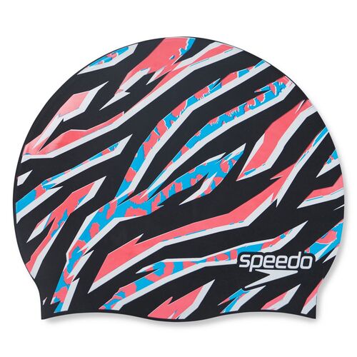 Speedo Junior Printed Silicone Swim Cap, Black/Siren Red/Pool/White 