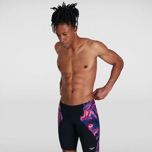 Speedo Men's Allover Digital V-Cut Jammer Swimwear - Black/Phoenix Red/Blue Flame/Ultraviolet [Size: 10]