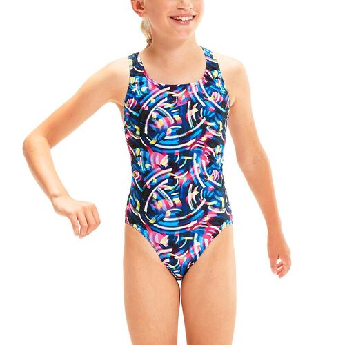 Speedo Girls Digital Allover Leaderback One Piece Swimwear, brushstrokes [Size: 10]