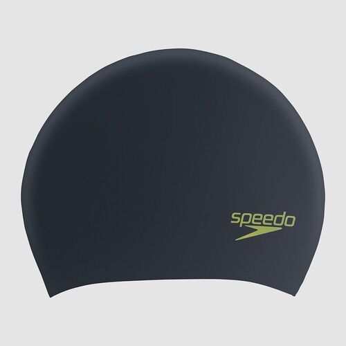 Speedo Junior Long Hair Silicone Swim Cap - Begonia Black/Acid Green, Silicon Swimming Cap, Swim Caps