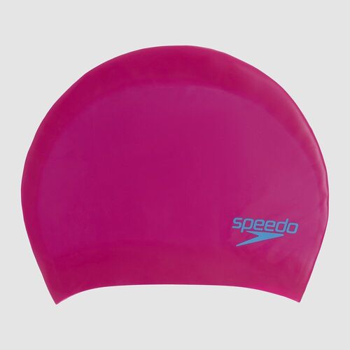 Speedo Junior Long Hair Silicone Swim Cap - Begonia Pink/Lapis Blue, Silicon Swimming Cap, Swim Caps