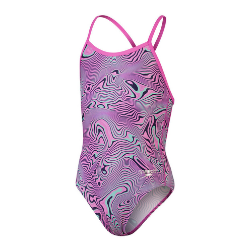 Speedo Girls Girls Allover V-Back One Piece Swimwear - True Navy/Orchid Shine/Green Glow [Size: 12]