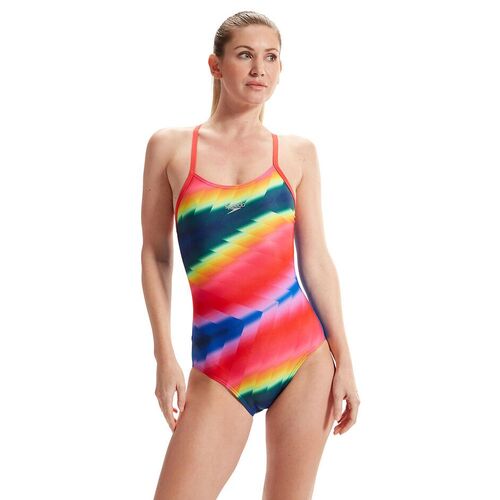 Speedo Women's Allover Fixed Crossback One Piece Swimsuit -True Cobalt/Watermelon/Mandarin Peel [Size: 8]