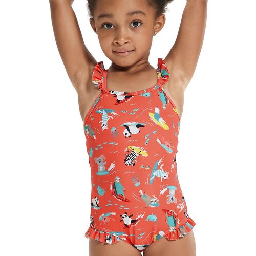 Speedo Toddler Girls Digital Frill Thinstrap One Piece Swimwear - Coral Pink/Giallo Yellow/New Turquoise [Size: 3]