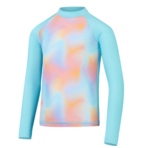 Speedo Girls Printed Long Sleeve Rashie Sun Top, Marine Blue/Pumpkin Spice/Curious Blue/Funny Pink [Size: 10]