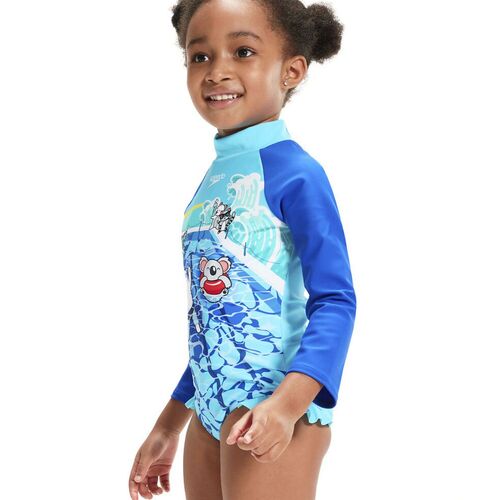 Speedo Toddler Girls Digital Long Sleeve Frill One Piece Swimwear - New Turquoise/Cobalt/Azure/Giallo [Size: 3]