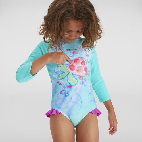 Speedo Toddler Girls Long Sleeve Frill One Piece Swimwear - Spearmint/Neon Orchid/Pink Splash [Size: 2]