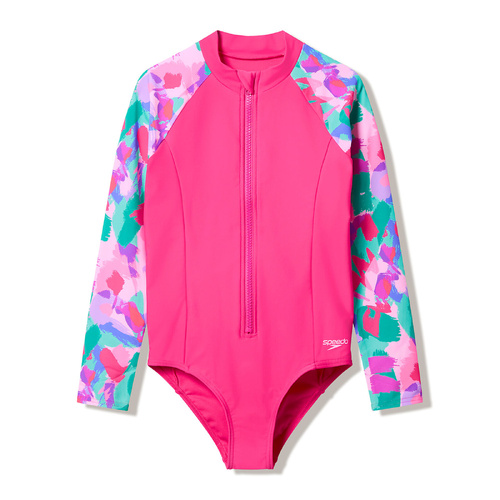 Speedo Girls Long Sleeve Zip One Piece Swimwear - Blush Pink [Size: 4]
