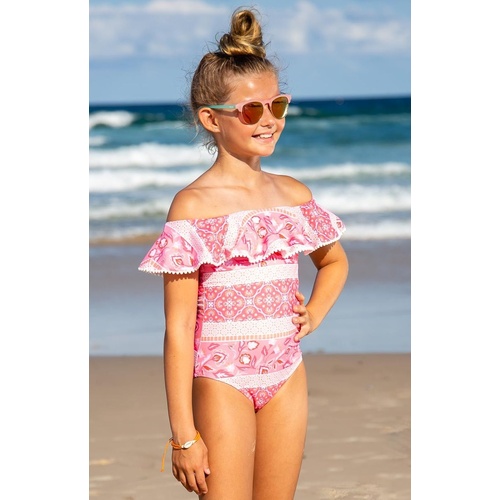 Sun Emporium Girls Indian Summer Pom & Ruffle Swimsuit, Girls Swimwear [Size: 4]