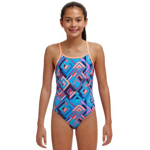 Funkita Girls Boxed Up ECO Diamond Back One Piece Swimwear, Girls Full Piece Swimsuit [Size: 14]
