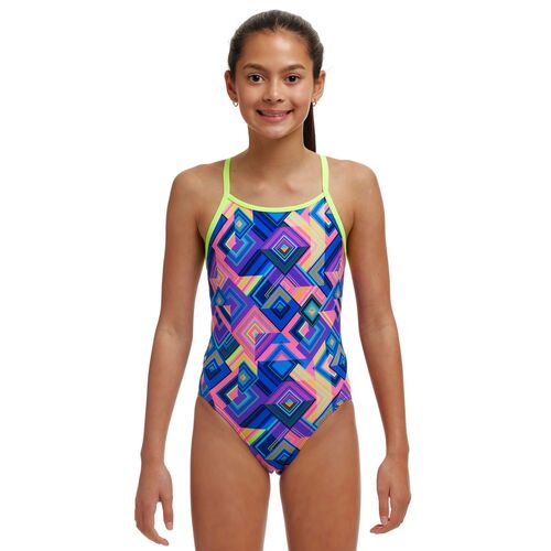 Funkita Girls Be Square ECO Diamond Back One Piece Swimwear, Girls Full Piece Swimsuit [Size: 12]