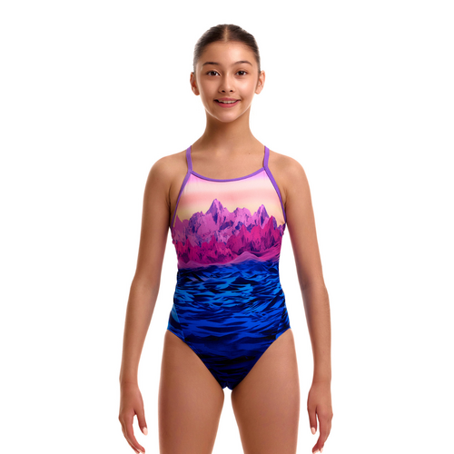 Funkita Girls Pink Peaks ECO Diamond Back One Piece Swimwear, Girls Full Piece Swimsuit [Size: 10]