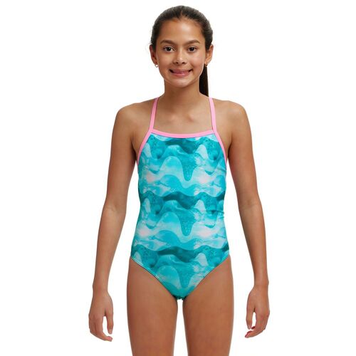 Funkita Girls Teal Wave ECO Strapped In One Piece Swimwear, Girls One Piece Swimsuit [Size: 12]