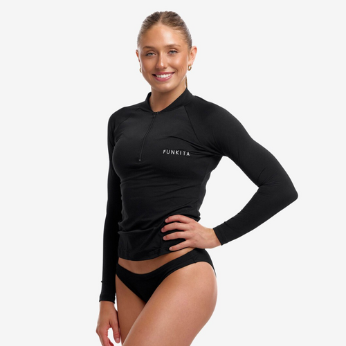 Funkita Ladies Long Sleeve Rash Vest, Women's Sun Top - Still Black  [Size: 8]