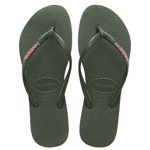 Havaianas Slim Rubber Logo Women's Thongs - Green Olive/Pink [Size: 35 - 36]