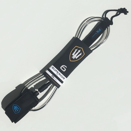 FAR KING 6ft SUPERIOR SURFBOARD LEG ROPE / SURFBOARD LEASH CLEAR & BLACK WITH BLUE LOGO'S