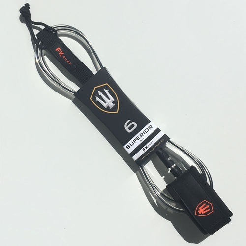 FAR KING 6ft SUPERIOR SURFBOARD LEG ROPE / SURFBOARD LEASH CLEAR & BLACK WITH ORANGE LOGO'S